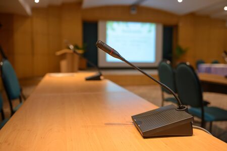 Table microphone on conference tableの写真素材