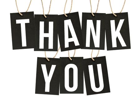 THANK YOU Word on Black Tags Isolated on White Backgroundの写真素材