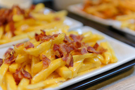 French fries and cheese with bacon on top  in a white bowl