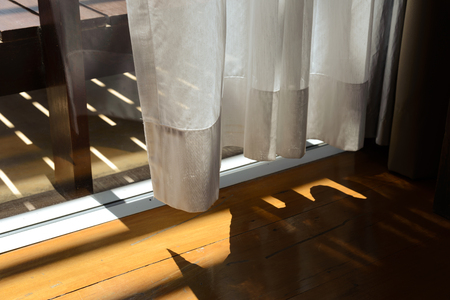 White sheer curtains with bright sunlight and wooden floor. draperies at a windowの写真素材