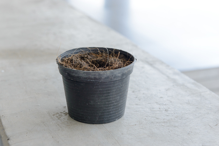 Black flowerpot with soil preparation for plantingの写真素材
