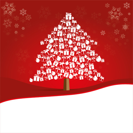 Christmas tree made from beautiful gift box on red background with copy space. decoration for greeting card Happy New Year Christmasのイラスト素材