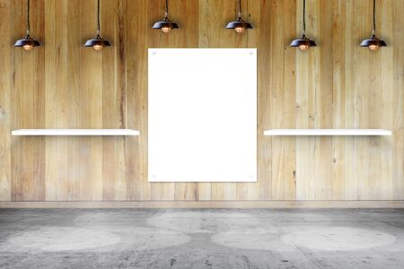 Shelf and white paper card on wooden wall in room, Template for product display and copy spaceの写真素材