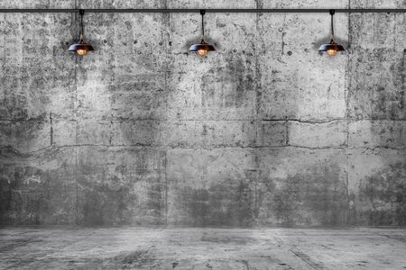 Empty concrete room with three lamps, Background for product display and copy spaceの写真素材