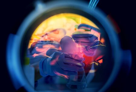 Double exposure of scientist or chemist and medical lab instrument, test tube and glass flask for...