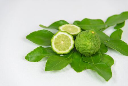 Bergamot fruit with leaf on white canvas background with copy space.