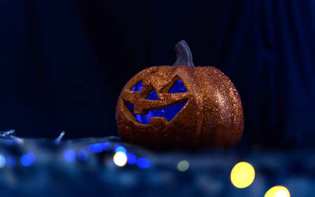 Halloween pumpkin Jack O Lanterns and bokeh lights on foreground with copy space. decoration for party - Halloween Backgroundの写真素材