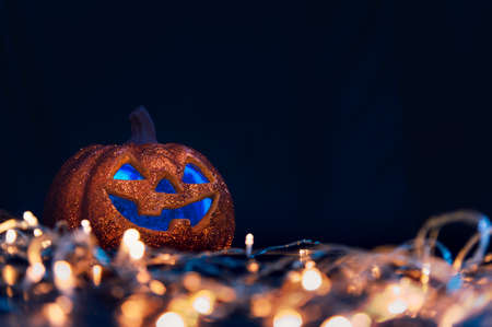Halloween pumpkin Jack O Lanterns and bokeh lights on foreground with copy space. decoration for party - Halloween Backgroundの写真素材