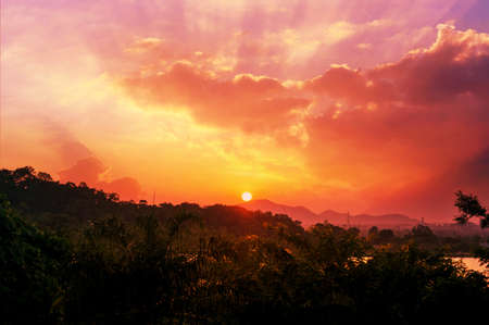 Beautiful sunset over the mountains landscape in Thailandの写真素材