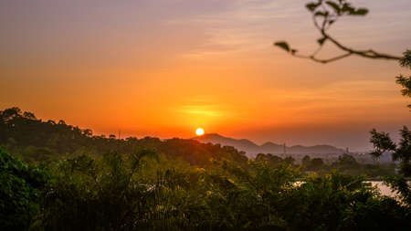 Beautiful sunset over the mountains landscape in Thailandの写真素材