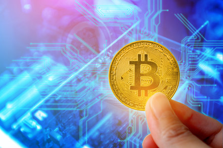 Gold bitcoin in hand with computer hardware on background. Mining or blockchain technology. New...