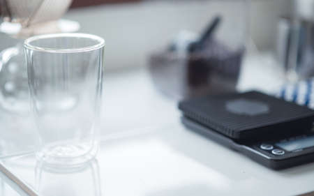 Empty glass cup preparation for hot drip brew coffee. Home coffee lifestyle conceptの写真素材