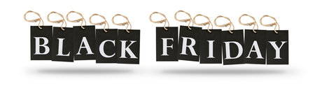Black label (tag) with white BLACK FRIDAY text isolated on white background. Black friday sale conceptの写真素材