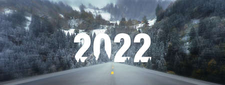 Go to the New Year 2022 concept. Empty asphalt road between fields trees