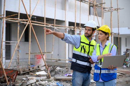 Young attractive construction man and woman in vest with helmet working with laptop, standing on...