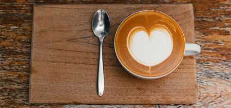 Top view of Hot coffee in white cup with coffee spoon on wooden tray. Copy space