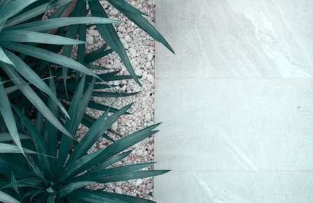 Top view of green palm leaves decoration on side of white blank marble floor. Minimal summer...