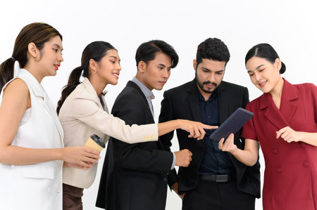 Group portrait of Young AsianÂ Businesspeople talking while standing in a row. isolated on white background happy professional team peopleの写真素材
