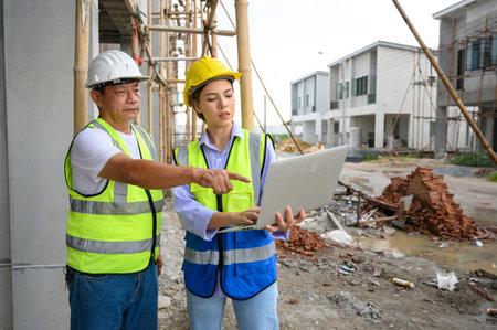 Young attractive construction woman and foreman in vest with helmet working with laptop, standing on...