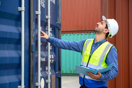 Foreman or Engineer wears white helmet and reflection shirt to control or check inventory details of containers box. Container loading cargo freight in import and export business logistic industryの写真素材