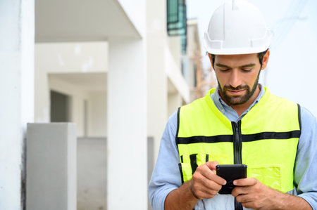 portrait of young engineer in vest with white helmet standing on construction site, smiling and holding smartphone for worker, internet, social mediaの写真素材