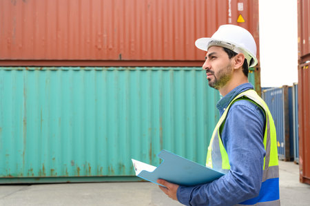 Foreman or Engineer wears white helmet and reflection shirt holding document paper and looking to...