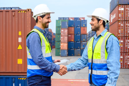 Two engineer container cargo wearing white hardhat and safety vests in successful handshake together at container yard. success in logistics business import export industryの写真素材