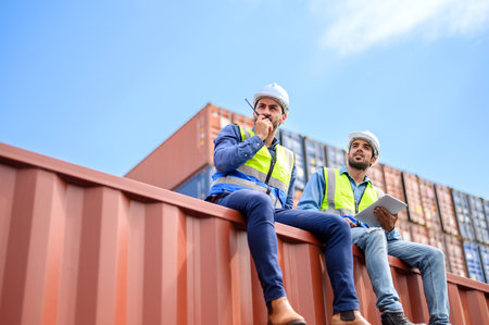 container operators wearing helmets and safety, vests control via walkie-talkie workers in container...