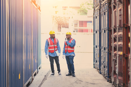 Professional of two Engineers or foreman container cargo wearing white hardhat and safety vests checking stock into container for loading from Cargo freight ship for import export. industry worker of logistic conceptの写真素材