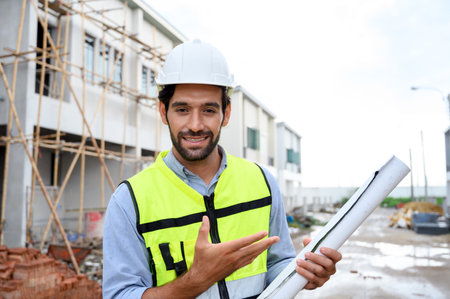 Young constructor engineer man smiling holding blueprint while talking about building construction,...