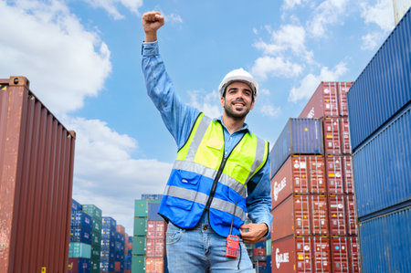 Portrait of successful logistic staff worker raising hand up in the air. success and enjoy work conceptsの写真素材