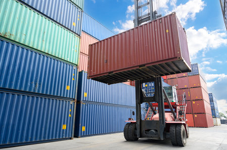 Crane lifting handling up with container box at dockyard, Container loading cargo freight in import...