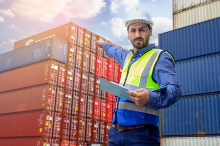 Portrait of handsome caucasian man with white helmet and reflection shirt, holding document paper and pointing finger in front of container cargo store. import and export logistic industry conceptの写真素材