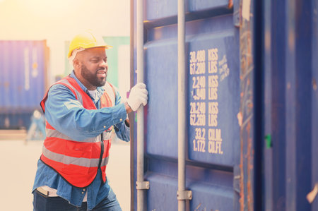 African American logistic workers wear yellow helmets and reflection shirts and open containers for inspection and check the condition of containers at warehouse container yard. logistics business import export industryの写真素材