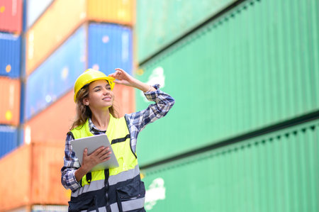 Engineer women wear yellow helmets and reflection shirts working on tablet computers to check inventory details of containers box. Inspector or Safety Supervisor in Container Terminalの写真素材