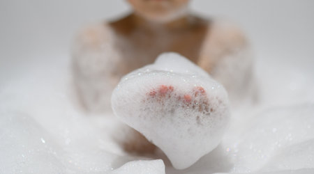 Close-up bubble foam on boy hands surrounded by soap suds when taking a bath in bathtub. Funny,...