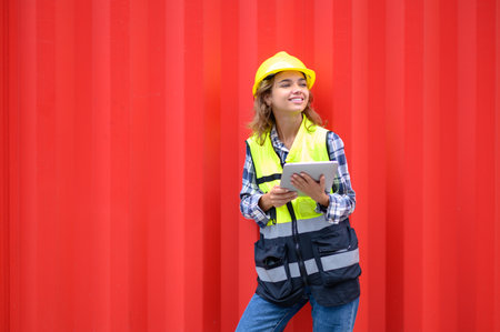 Engineer women wear yellow helmets and reflection shirts working on tablet computers to check...