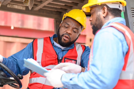Two African American males in safety uniforms and helmets, container operating working with the forklift truck driver at commercial dock site. Cargo Ship Import Export Factory Logistic.の写真素材