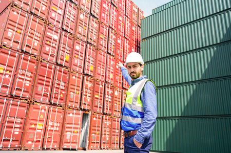 Portrait ofÂ Logistic engineer worker man standing in shipping container yard and crossed arms....