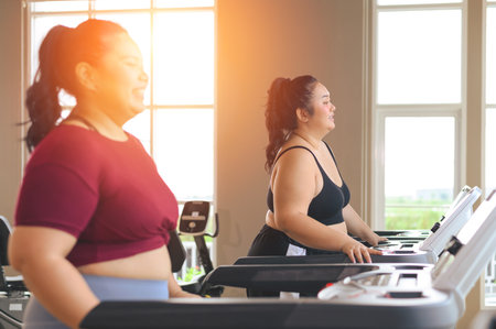 Two beautiful, Asian overweight women working out on treadmill in fitness club together. Weight loss workout, healthy lifestyle conceptの写真素材