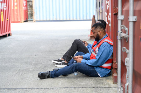 Two African American logistic staff workers wearing safety vests sitting on the floor against the...