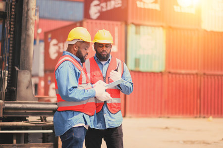 Two African American logistic workers wearing reflective vests and white helmets talk about logistics operations at shipping container yard. Transportation import and export logistic industry conceptの写真素材