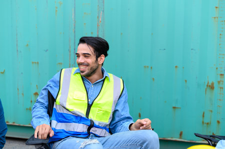 logistic staff workers talk and rest sitting in the shipping yard container during break time. Cargo ship import export factory logistic transport and global business conceptの写真素材