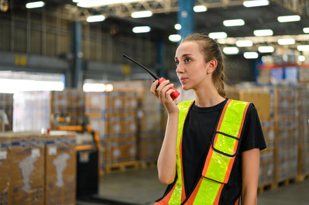 Factory worker woman using walkie-talkie while checking the stock order details and goods supplies in the workplace warehouseの写真素材