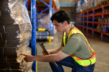 Asian man warehouse managers checking stock in workplace warehouse. industry logistic export import distribution conceptの写真素材