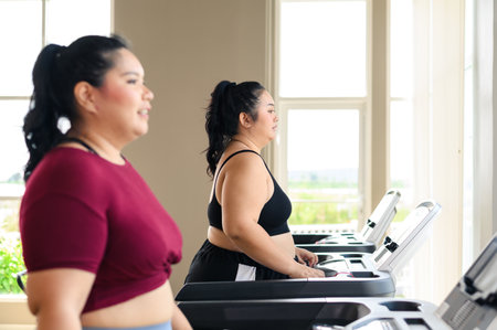 Two Asian women working out on treadmill in fitness club together. Weight loss workout, healthy lifestyle conceptの写真素材