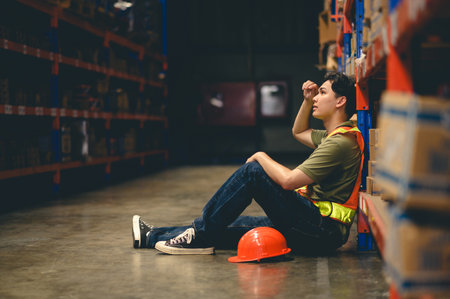 Tiredness from hard work concept. Warehouse worker laying on the floor in warehouse after tiring...