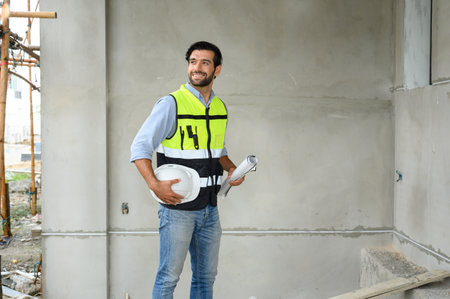 Portrait ofÂ young attractive construction man smiling bearded in vest and holding white helmet...