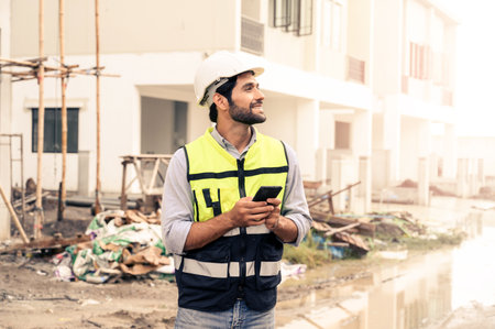 portrait of young engineer in vest with white helmet standing on construction site, smiling and holding smartphone for worker, internet, social mediaの写真素材