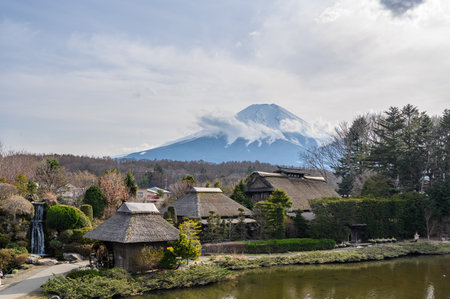 Oshino Hakkai Heritage Village, Old Japanese village with Mount Fuji in background. Mt. Fujisan view from traditional houses, Yamanashi, Japanの写真素材
